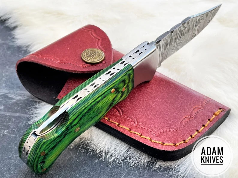 Custom Handmade Damascus Steel Folding Knife With Leather Sheath