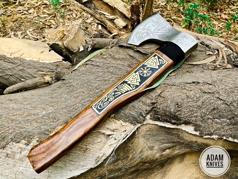 Handmade Gift Forged Carbon Steel Viking Axe, Camping Hatchet with Rose Wood Shaft