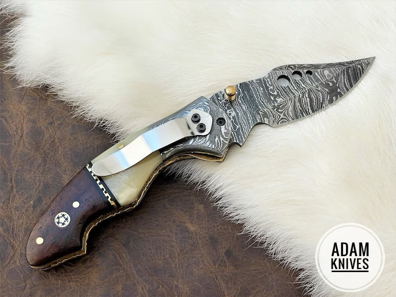 Custom Handmade Damascus Steel Folding Knife With Leather Sheath