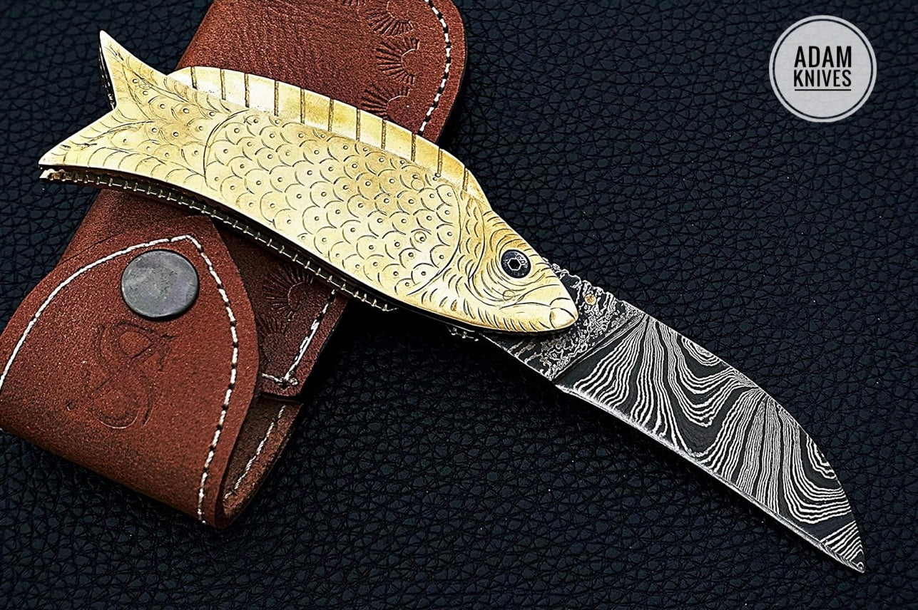 Custom Handmade Damascus Steel Fish Folding Knife With Leather Sheath