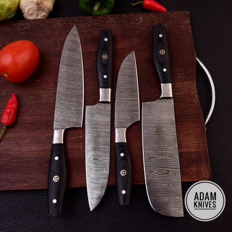 Custom Hand Made Damascus Steel Kitchen Knives Set/Chef Knives Set/BBQ Knife 4-Pieces Set