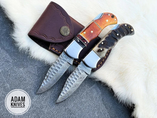 Custom Handmade Damascus Steel Folding Knife With Leather Sheath