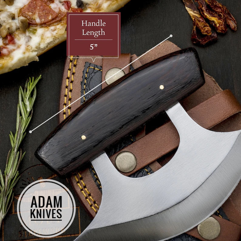 ADAM KNIVES Custom Handmade Steel Ulu Knife With Leather Sheath