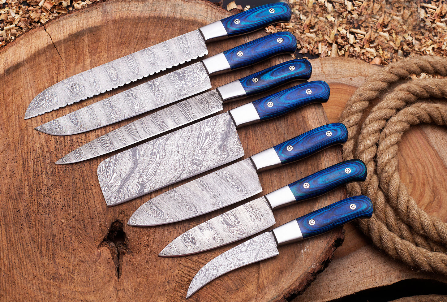 Custom Hand Made Damascus Steel Kitchen Knife Set/Chef Knives 7Pcs With Leather Roll Kit