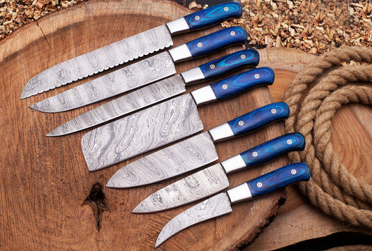 Custom Hand Made Damascus Steel Kitchen Knife Set/Chef Knives 7Pcs With Leather Roll Kit