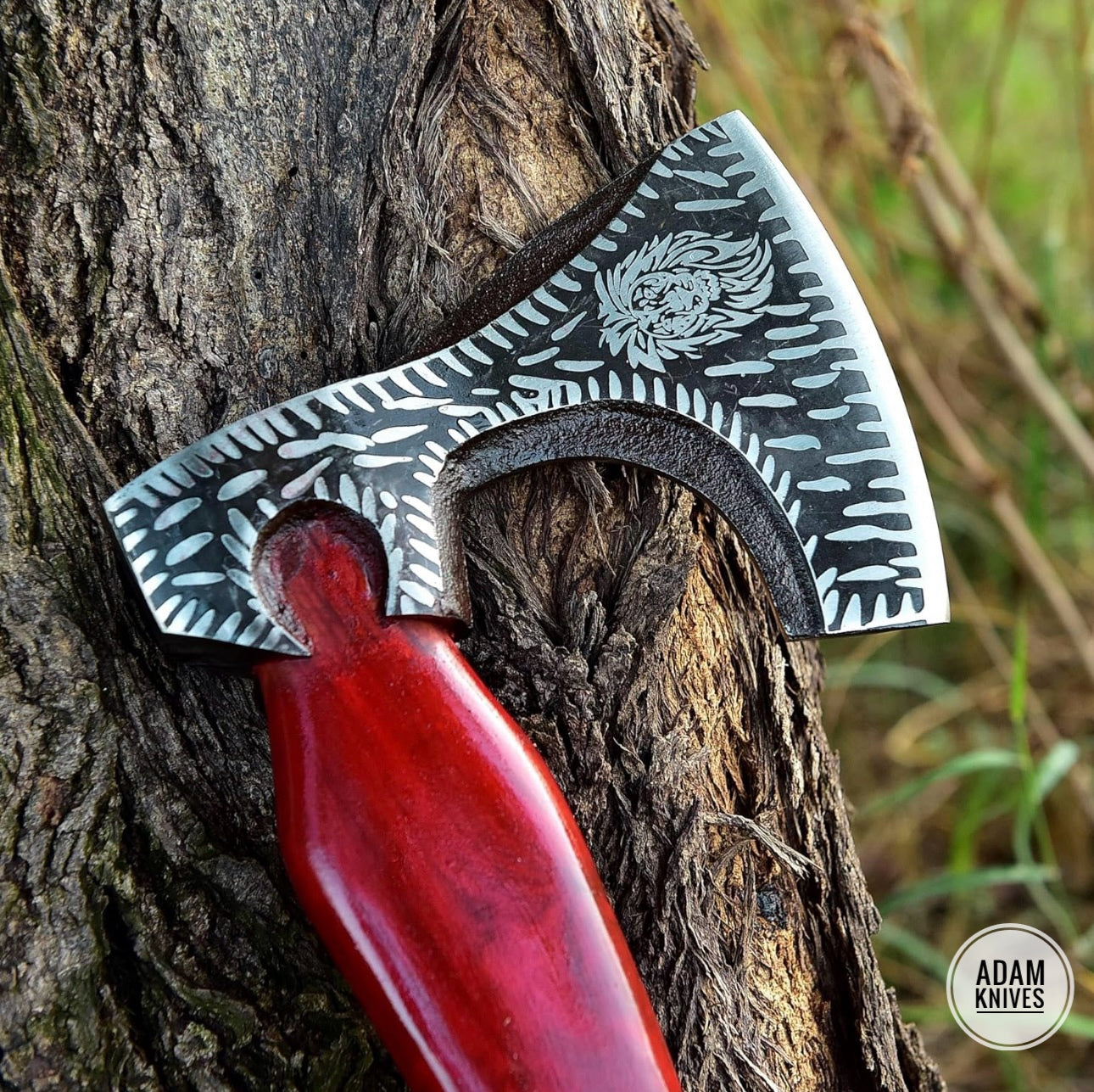 ADAM KNIVES Handmade Gift Forged Carbon Steel Viking Axe With Wooden Box, Camping Hatchet with Rose Wood Shaft