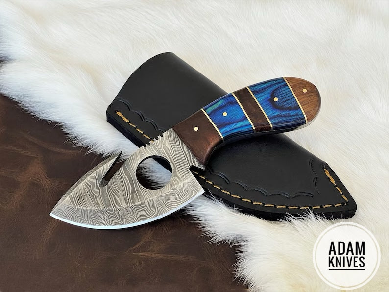 ADAM KNIVES Custom Handmade Damascus Steel Gut Hook Knife With Leather Sheath