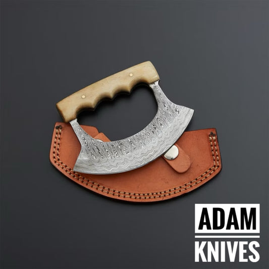 ADAM KNIVES Custom Handmade Damascus Steel Ulu Knife With Leather Sheath