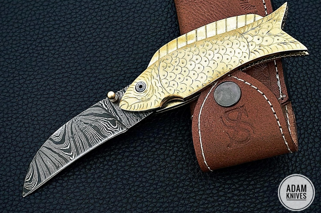 Custom Handmade Damascus Steel Fish Folding Knife With Leather Sheath