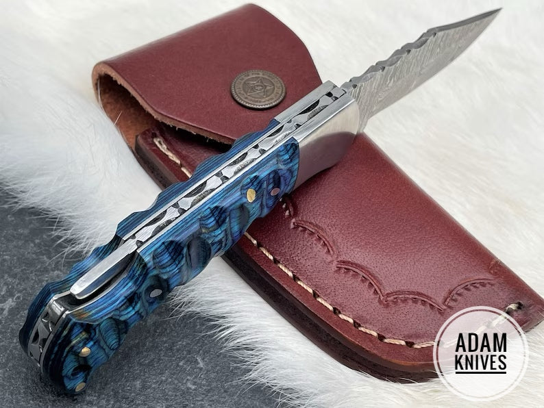 Custom Handmade Damascus Steel Folding Knife With Leather Sheath