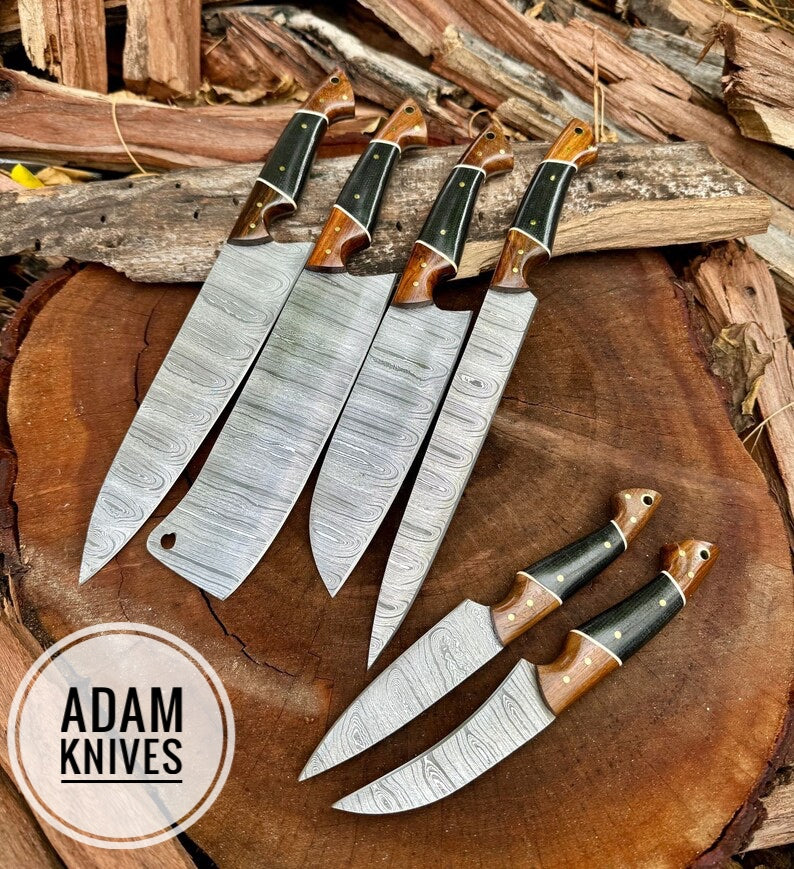 Handmade Damascus chef knife set of 6pes Wood Handle