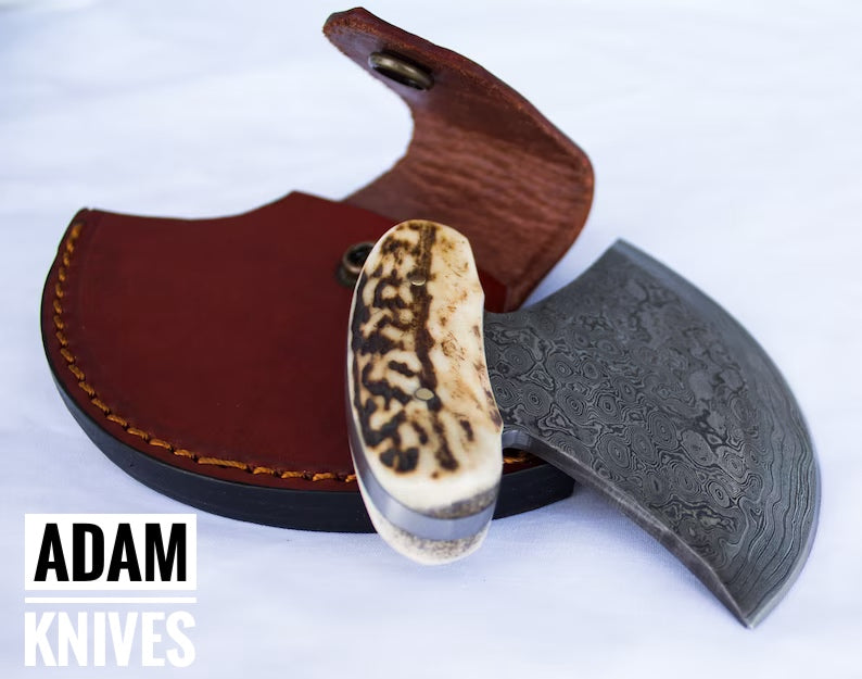 ADAM KNIVES Custom Handmade Damascus Steel Ulu Knife With Leather Sheath