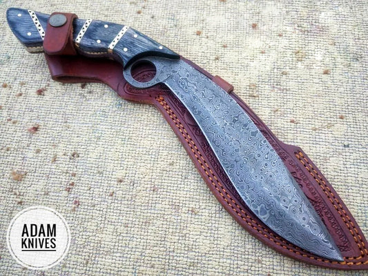 Custom Handmade Damascus Steel Kukri Knife With Leather Sheath