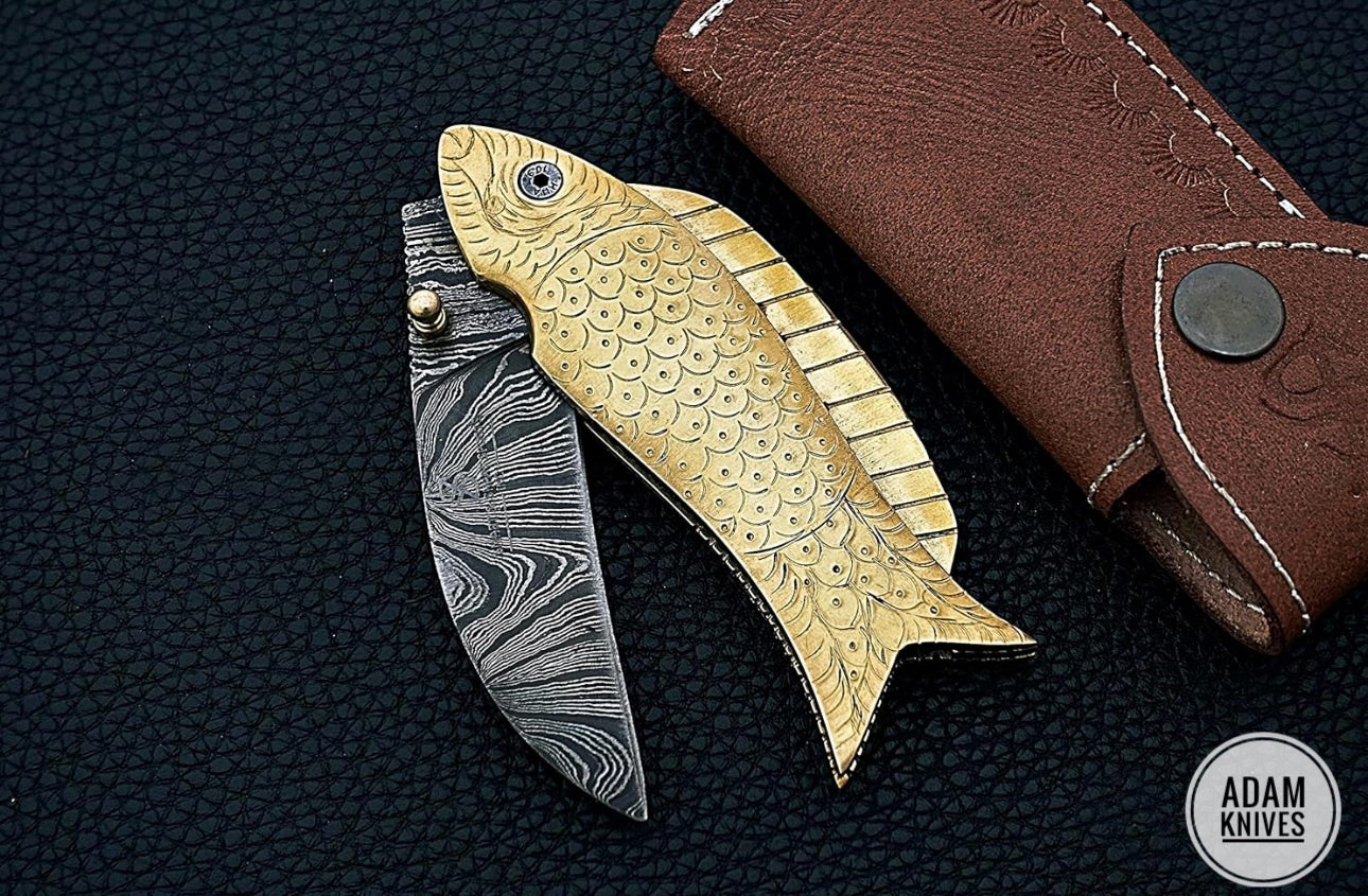 Custom Handmade Damascus Steel Fish Folding Knife With Leather Sheath