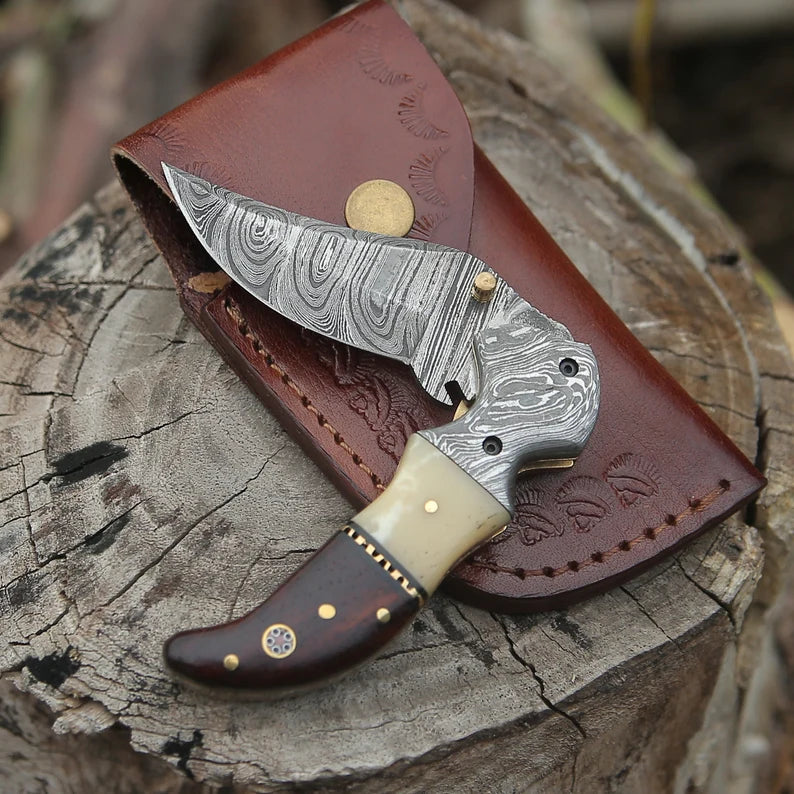 Handmade Damascus Steel Pocket Knife Camel Bone and Wood Handle