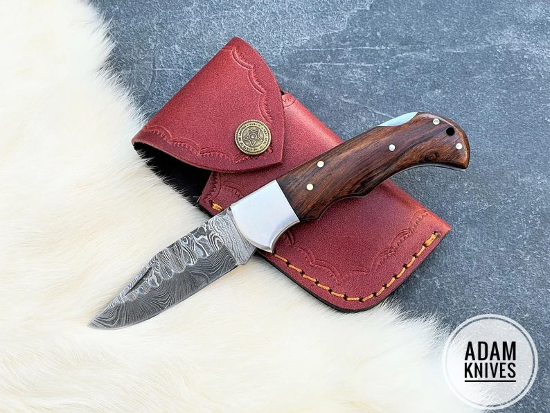 Custom Handmade Damascus Steel Folding Knife With Leather Sheath