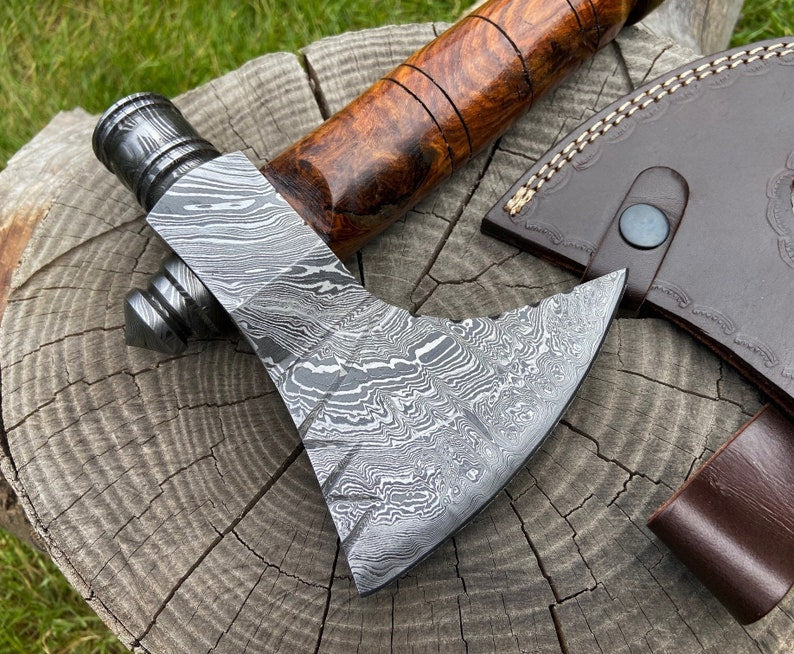 Handmade Damascus Steel Axe Vintage Style Camping With Leather sheath