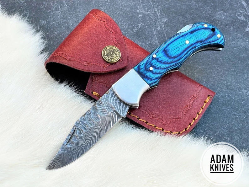 Custom Handmade Damascus Steel Folding Knife With Leather Sheath