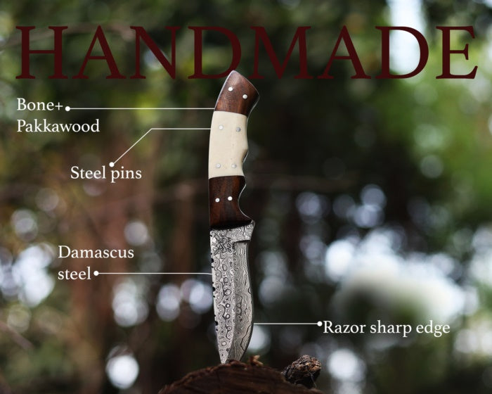 ADAM KNIVES Fixed Blade Damascus Steel Hunting Knife with Leather Sheath, 9'' Full Tang Hunting Skinning Knife,Non-Slip Wooden Handle,Camping Knife (Rose Wood)