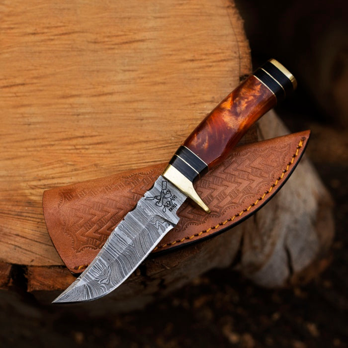 ADAM KNIVES Handmade Damascus Steel Hunting Knife | Skinning Knife | Skinner Knife | 102 Woodsman Fixed Blade Hunting Knife With Leather Sheath | Unique Gift (Red & Black)