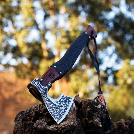 ADAM KNIVES Handmade Gift Forged Carbon Steel Viking Axe, Camping Hatchet with Rose Wood Shaft (Medieval Axe)