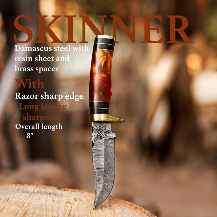 ADAM KNIVES Handmade Damascus Steel Hunting Knife | Skinning Knife | Skinner Knife | 102 Woodsman Fixed Blade Hunting Knife With Leather Sheath | Unique Gift (Red & Black)