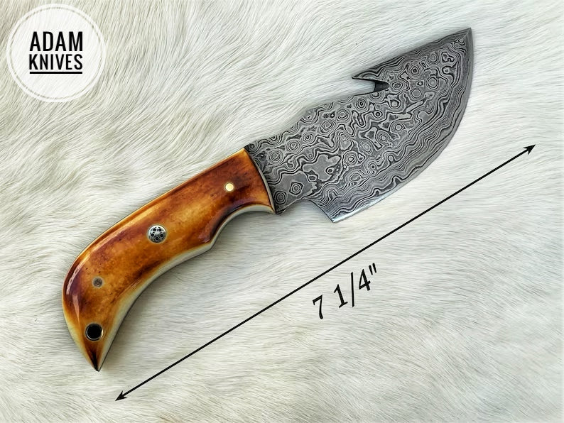 ADAM KNIVES Custom Handmade Damascus Steel Gut Hook Knife With Leather Sheath