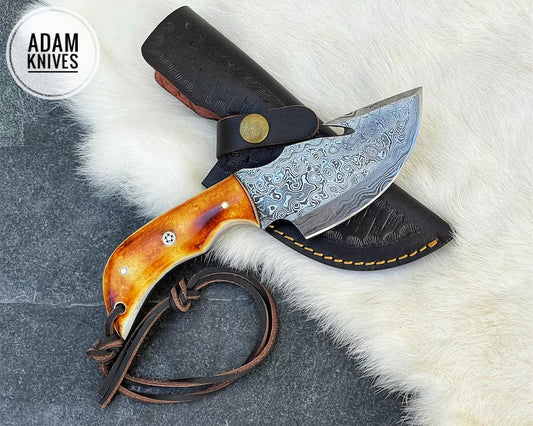 ADAM KNIVES Custom Handmade Damascus Steel Gut Hook Knife With Leather Sheath