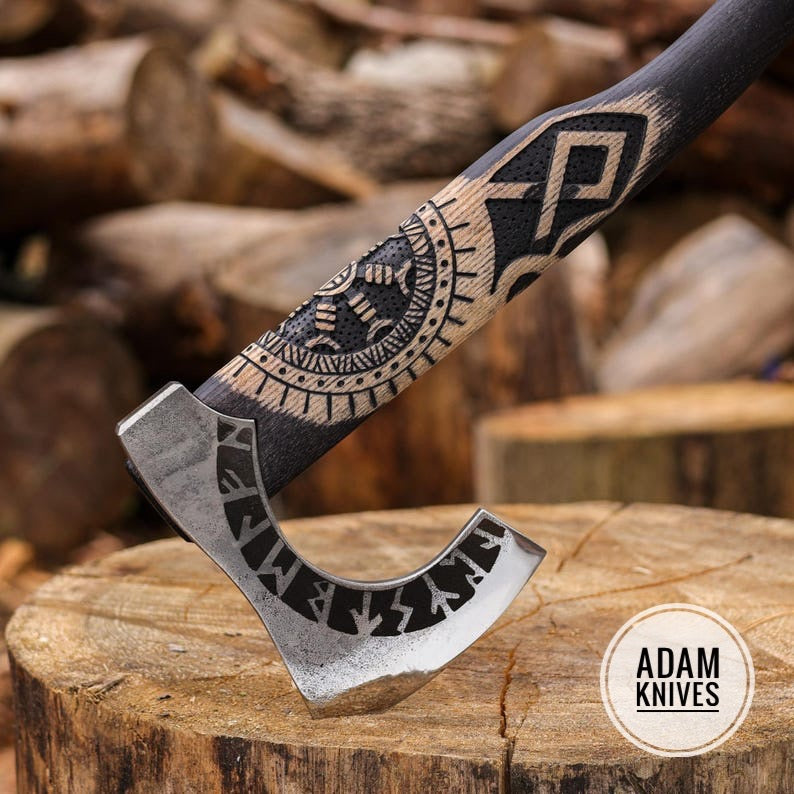 Custom Axe Viking Hatchet, Beard Axe with Box, Engraved Battle Axe, Hatchet gift with Helm of Awe carved handle