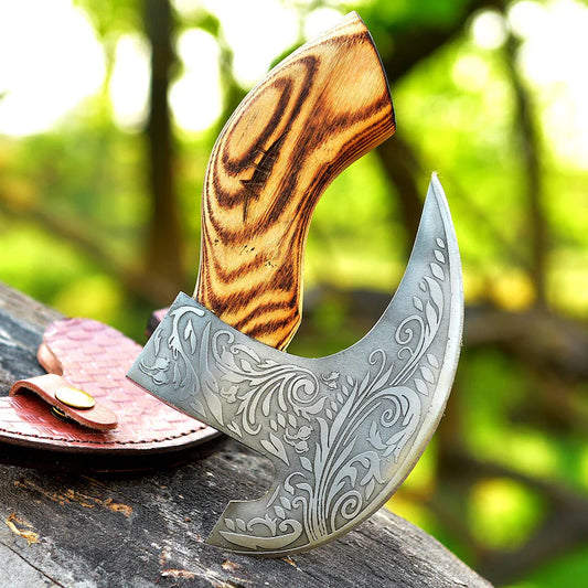 Viking Pizza Cutter Stainless Steel With Strands Of Leaves Etching Pattern Hand
Forged With Wooden Handle With Leather