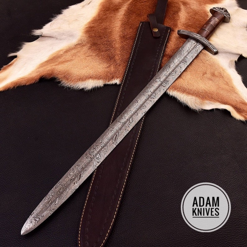 Damascus Steel Hand Forged Sword | Camel Bone Handle & Leather Sheath Included