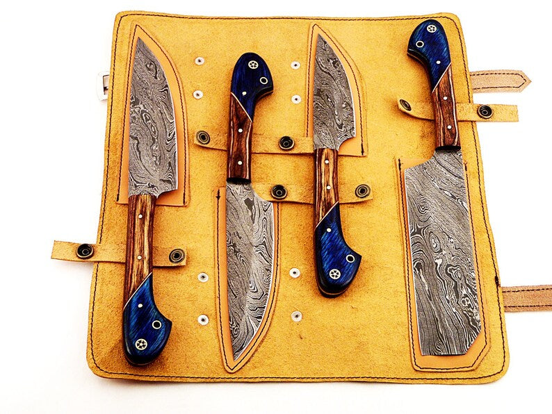 Custom Hand Made Damascus Steel Kitchen Knives Set/Chef Knives Set/BBQ Knife 4-Pieces Set (Cognac and Blue Colored Wood)