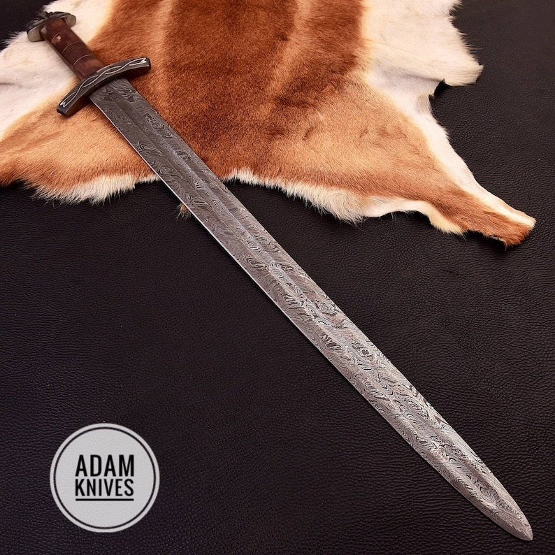 Damascus Steel Hand Forged Sword | Camel Bone Handle & Leather Sheath Included