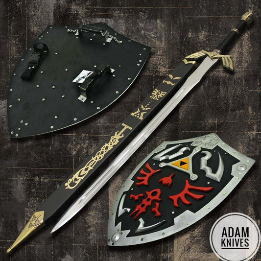 The Legend of Zelda Dark Link's Master Sword with Sheath High End Variant Pair with Zelda hylian Shield Black Shield Dark Version