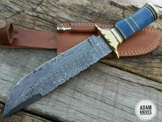 Custom Handmade Damascus Steel Hunting Bowie Knife With Leather Sheath