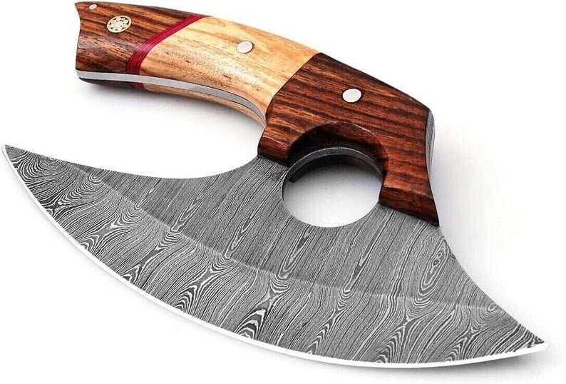 ADAM KNIVES Custom Handmade Damascus Steel Ulu Knife With Leather Sheath