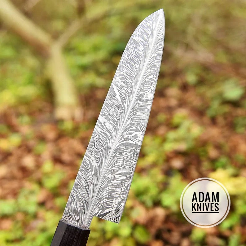 Custom Handmade Damascus Steel Feather Pattern Kitchen Chef Knife With Color Wood Handle And Sheath