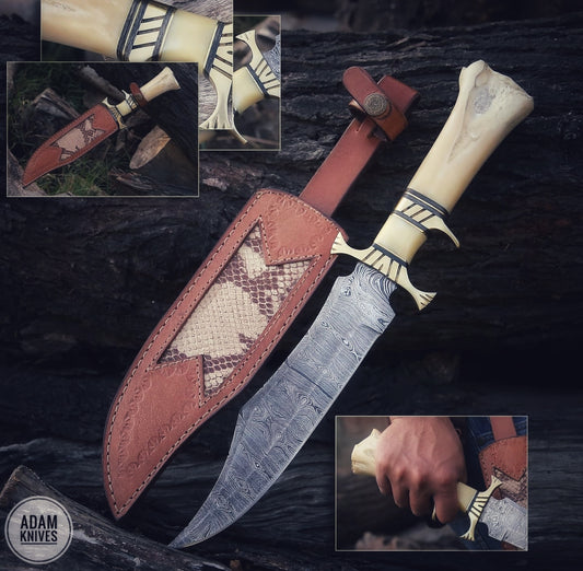 Custom Handmade Damascus Steel Hunting Bowie Knife With Leather Sheath