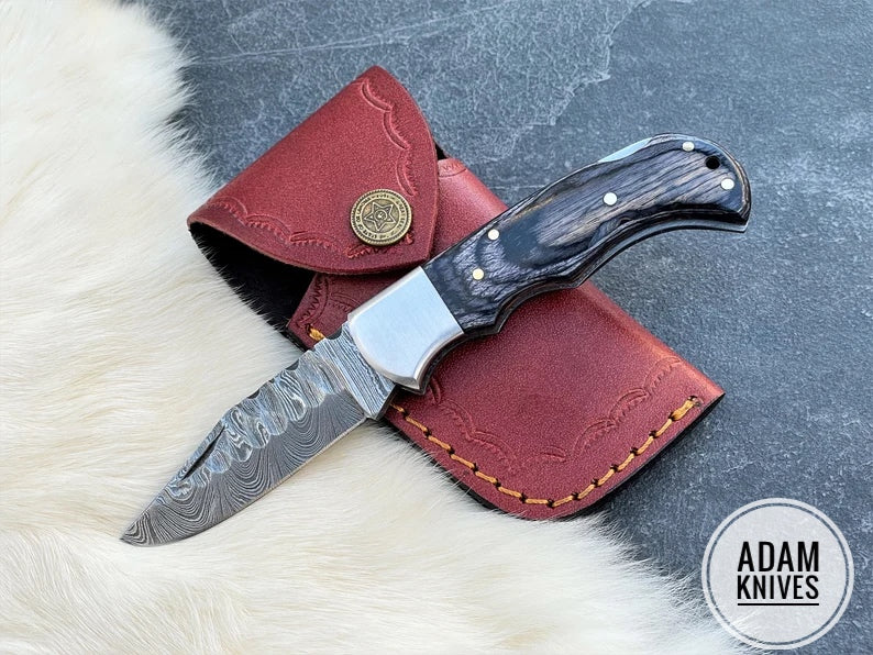 Custom Handmade Damascus Steel Folding Knife With Leather Sheath