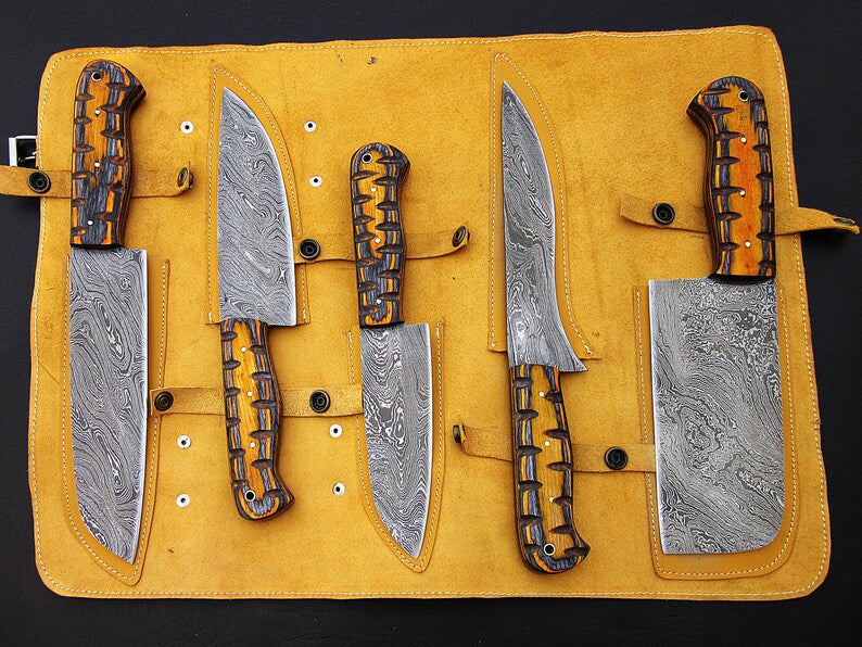 Custom Handmade Damascus Steel With Yellow Color Wood Handles Kitchen Knives Set FR-20021082