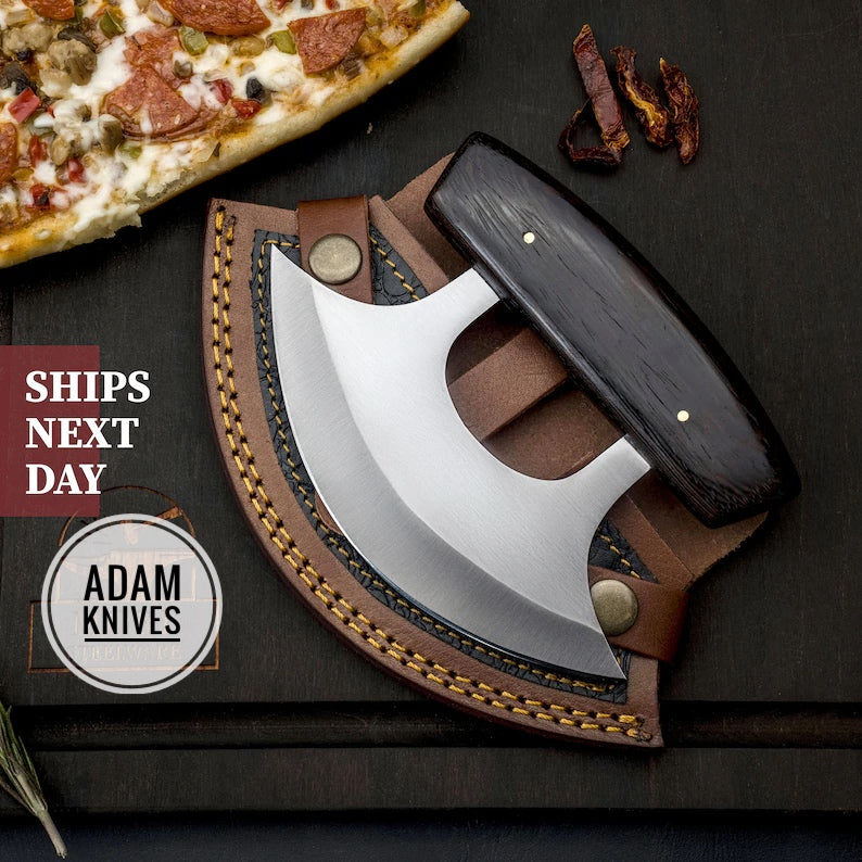 ADAM KNIVES Custom Handmade Steel Ulu Knife With Leather Sheath