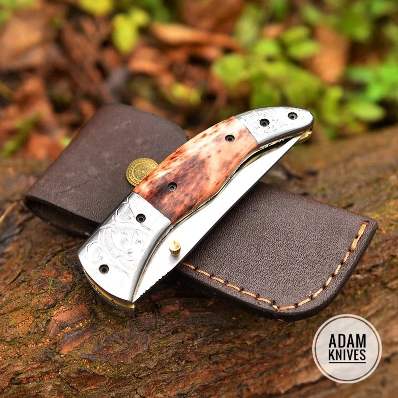 Custom Handmade Stainless steel Pocket Knife Color Camel Bone Handle