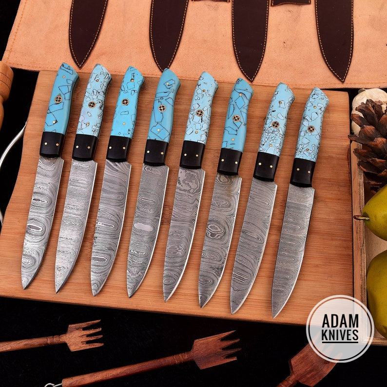 Handmade kitchen knives 8 piece Steak Knives, HandForge chef knives, BBQ knives