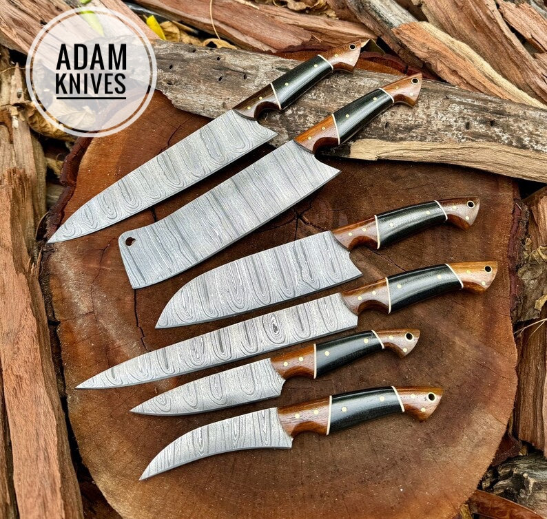 Handmade Damascus chef knife set of 6pes Wood Handle