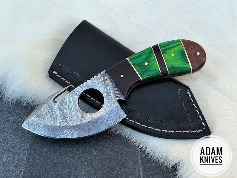 ADAM KNIVES Custom Handmade Damascus Steel Gut Hook Knife With Leather Sheath