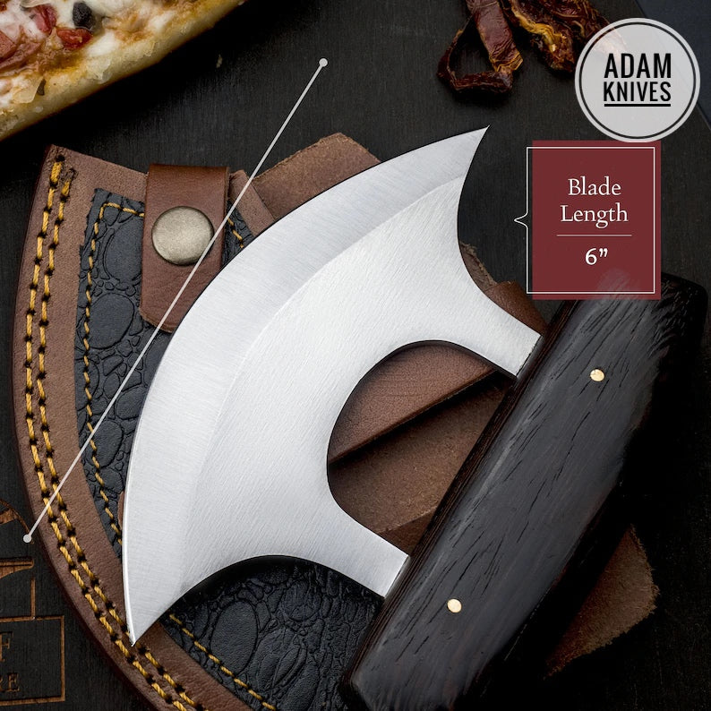 ADAM KNIVES Custom Handmade Steel Ulu Knife With Leather Sheath