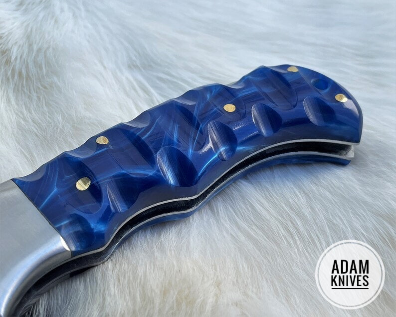 Custom Handmade Damascus Steel Folding Knife With Leather Sheath