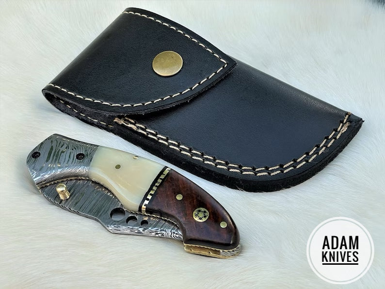 Custom Handmade Damascus Steel Folding Knife With Leather Sheath