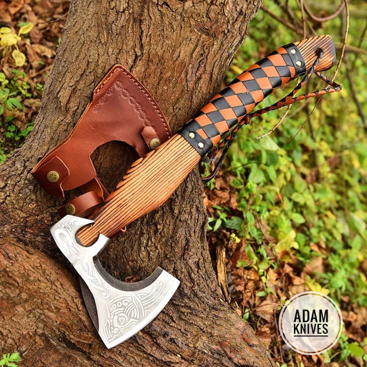 Custom Hand Made Carbon Steel Viking Axe With Wood And Leather Handle Sheath