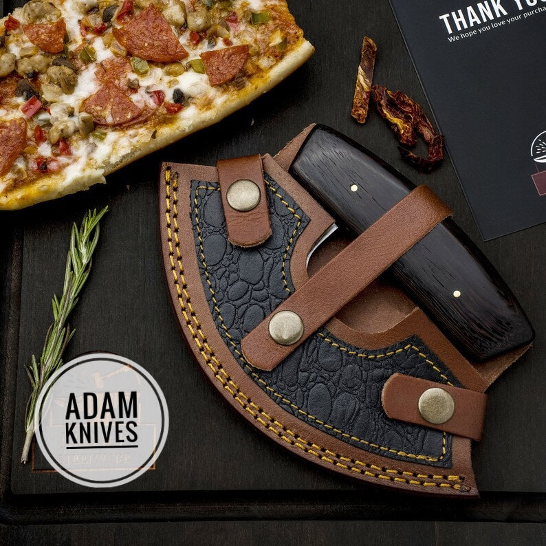 ADAM KNIVES Custom Handmade Steel Ulu Knife With Leather Sheath